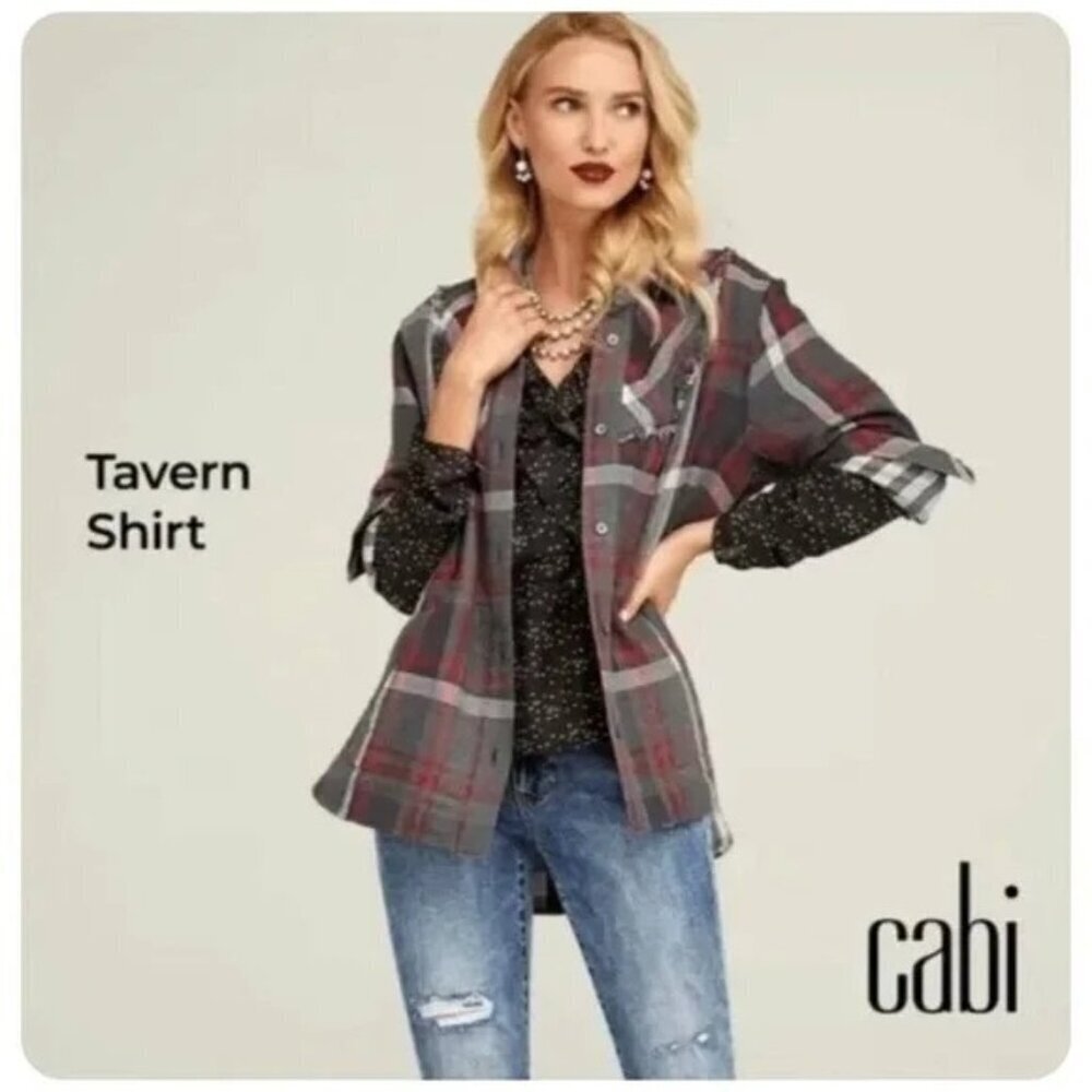CABI Tavern Flannel Plaid Shirt Jacket Gray Red Sz M #4164 EUC
